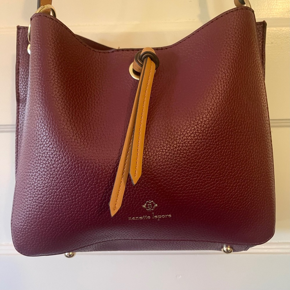 Nanette Lepore Burgundy Pebbled Faux Leather Bucket Crossbody Shoulder Bag